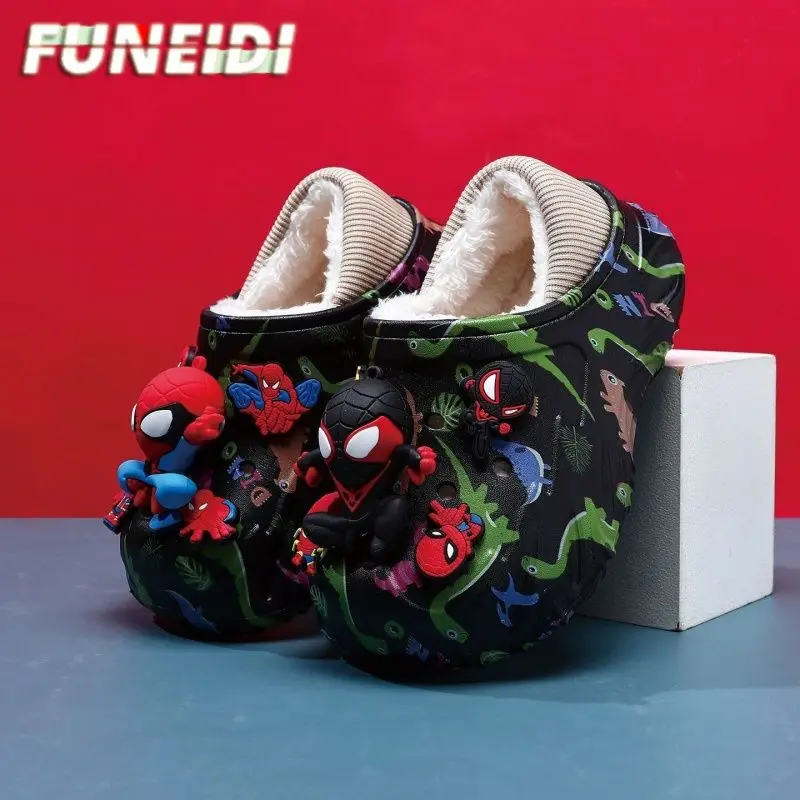 Khaki Dino Print Warm Lined Clogs Sandals with 3D Spider-Man Shoe Charms Fuzzy Inside Non Slip Indoor Outdoor Slipper for Winter