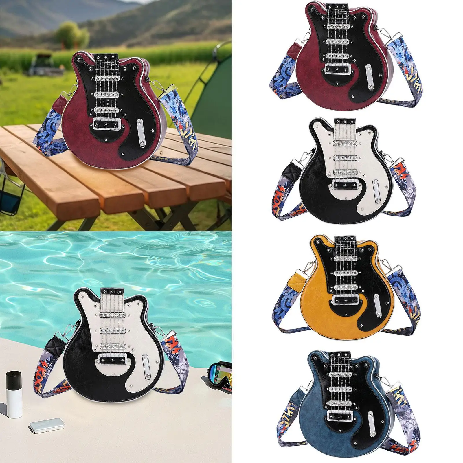 

Womens Leather Crossbody Bag Large Capacity Travel Purse Portable Unique Guitar