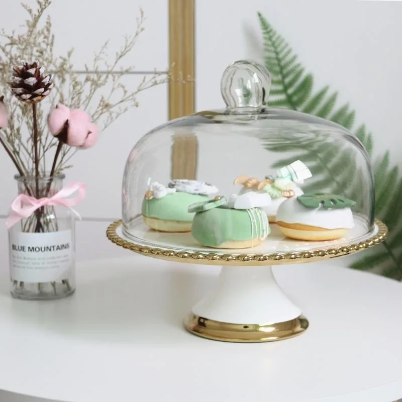 ins Wind Golden Bead Dot Ceramic Tall Cake Tray Dessert Table Fruit Plate Cake Rack Restaurant Fruit Plate