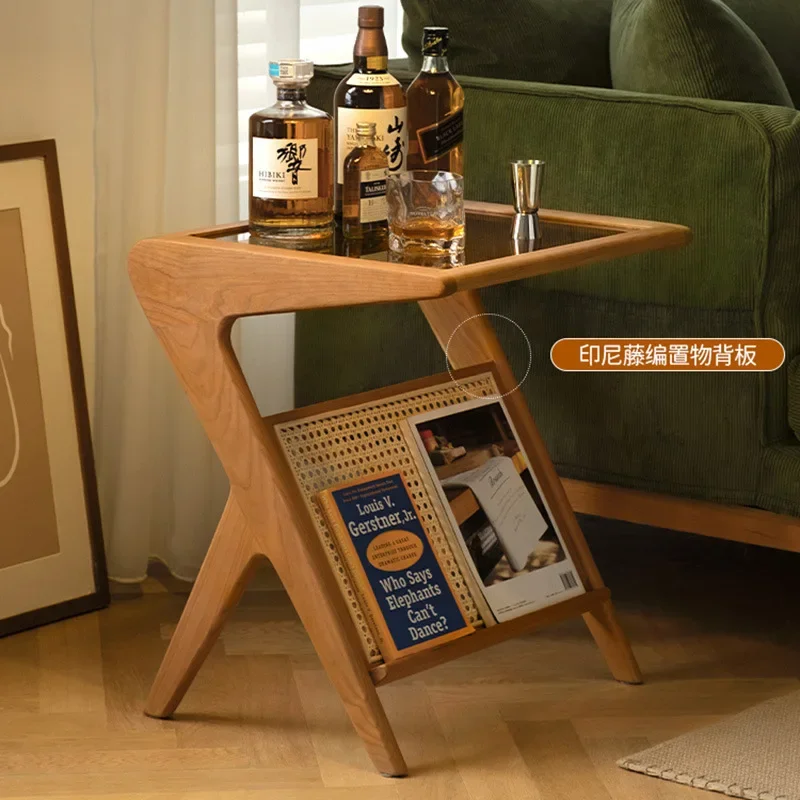 Mueble japonés de madera maciza, mueble de cerezo móvil, mesa pequeña de cristal de ratán, estante, mesa de centro pequeña