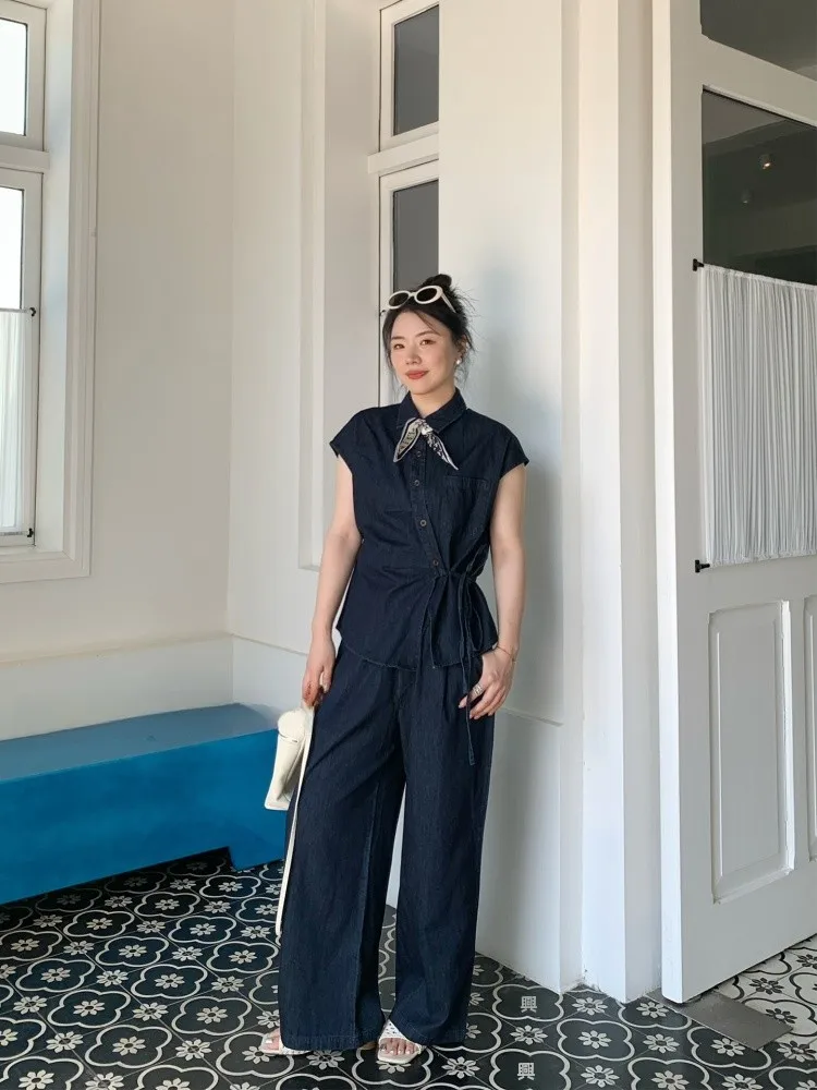

Jusiley Pure Cotton Denim Set Summer New Sle Belted Slimming Waist Commute Women's Faion Set Casual Ele Outfit