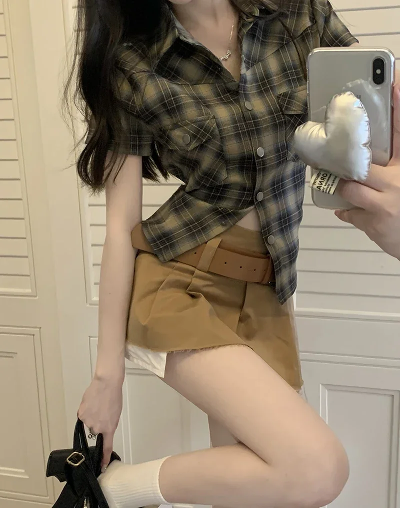 2025 Blusas Muje De Moda Camicetta estiva per donna Slim Fit Camicie scozzesi vintage Manica corta Tasca Camicette casual Top Femme