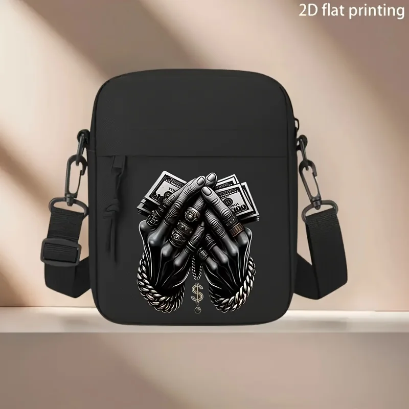 Funny Chain & Money Pattern Men's Crossbody Bag with Adjustable Strap Zipper Mini Nylon Mobile Phone Bags Hip Hop Shoulder Bag