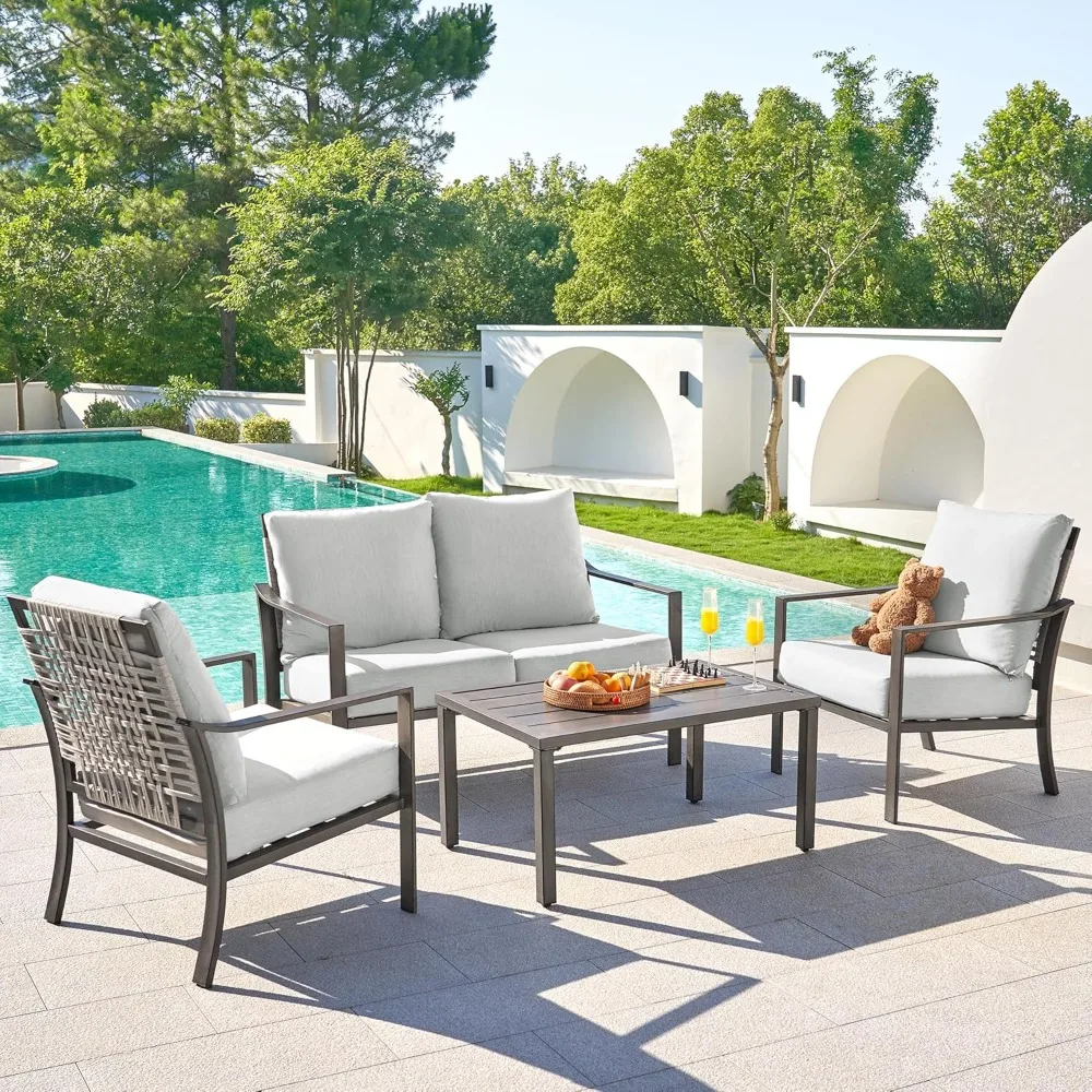 

Patio Furniture 4 Piece Set,Outdoor Conversation Set Metal Patio Sectional Sofa with High Back Hand-Woven Rope Chairs