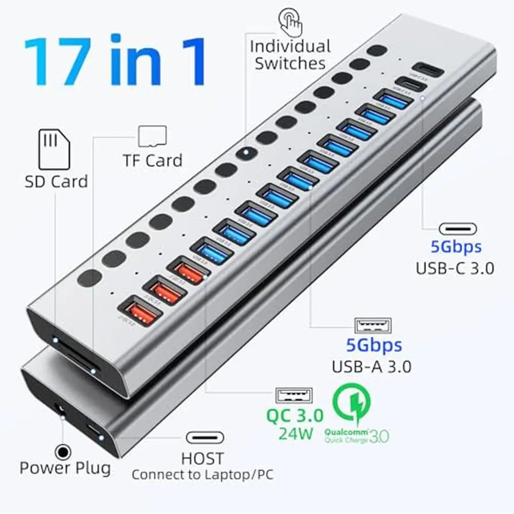 USB Hub 17-Port 90W Powered Fast Charging USB 3.0 Hub SD/TF Card Reader 10 USB 3.0 Ports 3 QC24W Ports 2 USB-C Ports Thunderbolt