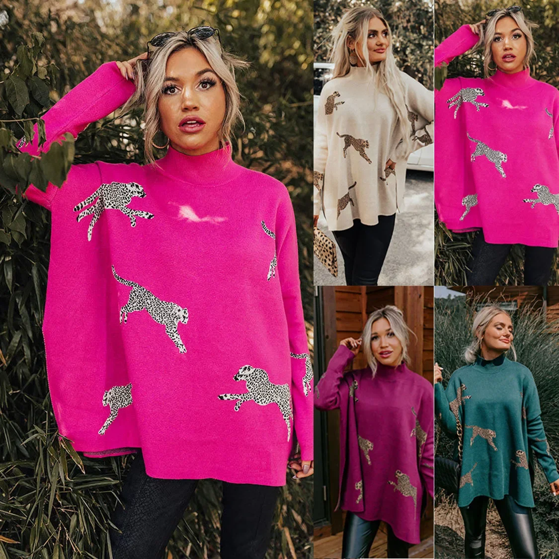

Women Autumn Winter Pullover O Neck Long Sleeve Sheath Leopard Print Color Casual Sheath Warm Fashion Comfortable Regular Fit