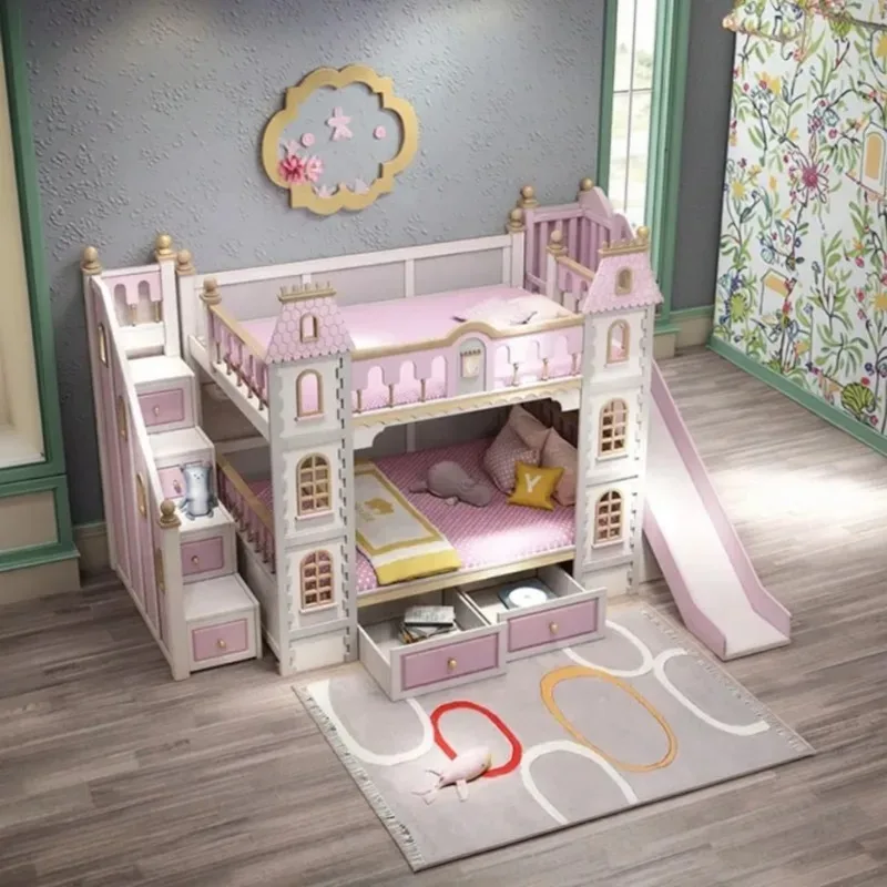 Cama Beliche Infantil de Madeira Maciça |   Cama Beliche Princesa Castelo dos Sonhos com Dois Andares e Móveis de Quarto para Meninas