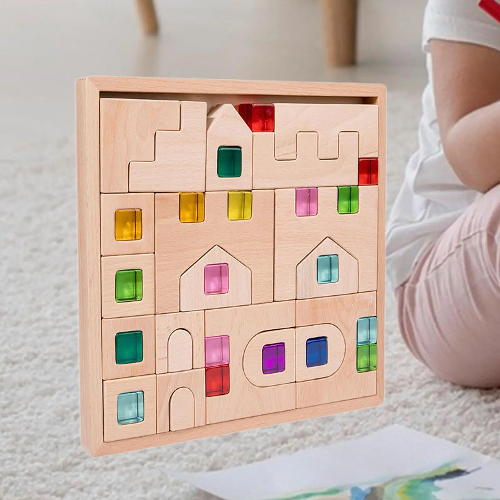 

Rainbow Building Cubes with Wooden Storage Box Spatial Awareness Building Blocks Stacking Toy for Boys Girls Toddlers Kids Gift