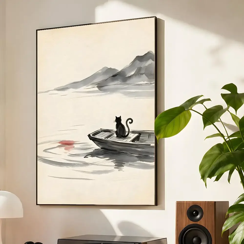Japanese Cat Sleeping By Lantern Koi Fish Black Cat Minimalism Poster Matte Wall Art Waterproof Room Decoration Bedroom