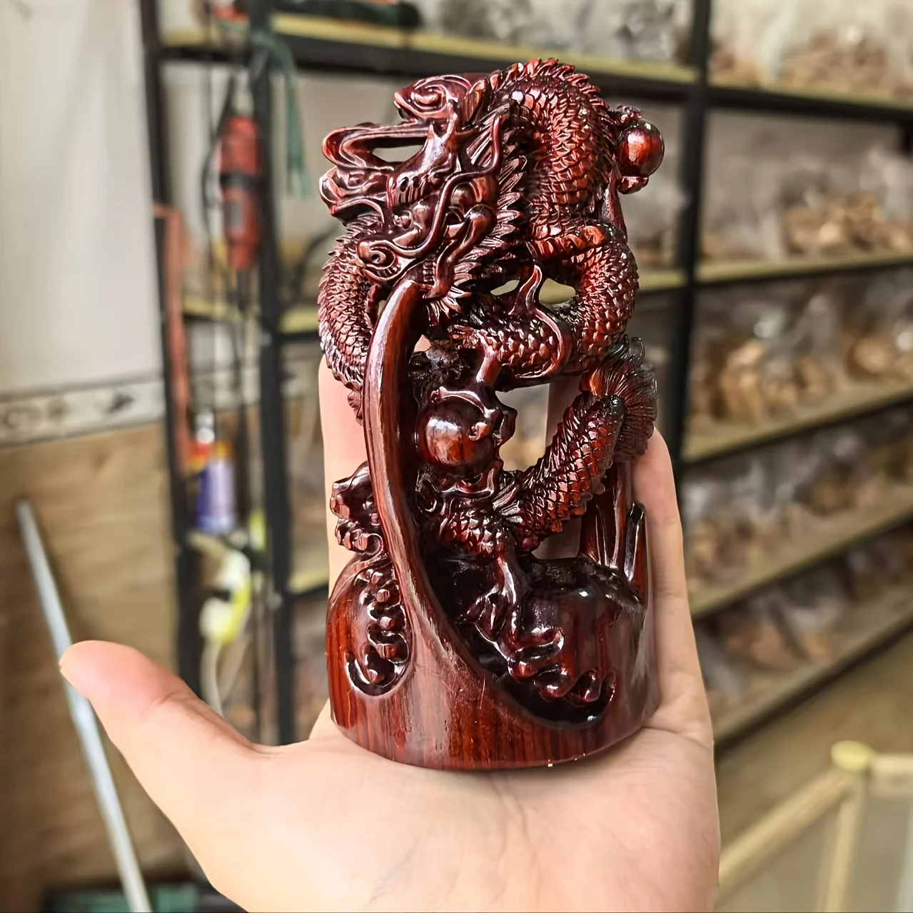 Exquisite Redwood Dragon Carving with Chinese Zodiac Symbols for Desktop Display. Handcrafted Auspicious Decoration to Enhance the Style and Wealth of Your Home, Office, and Living Spaces. the Perfect Gift Choice