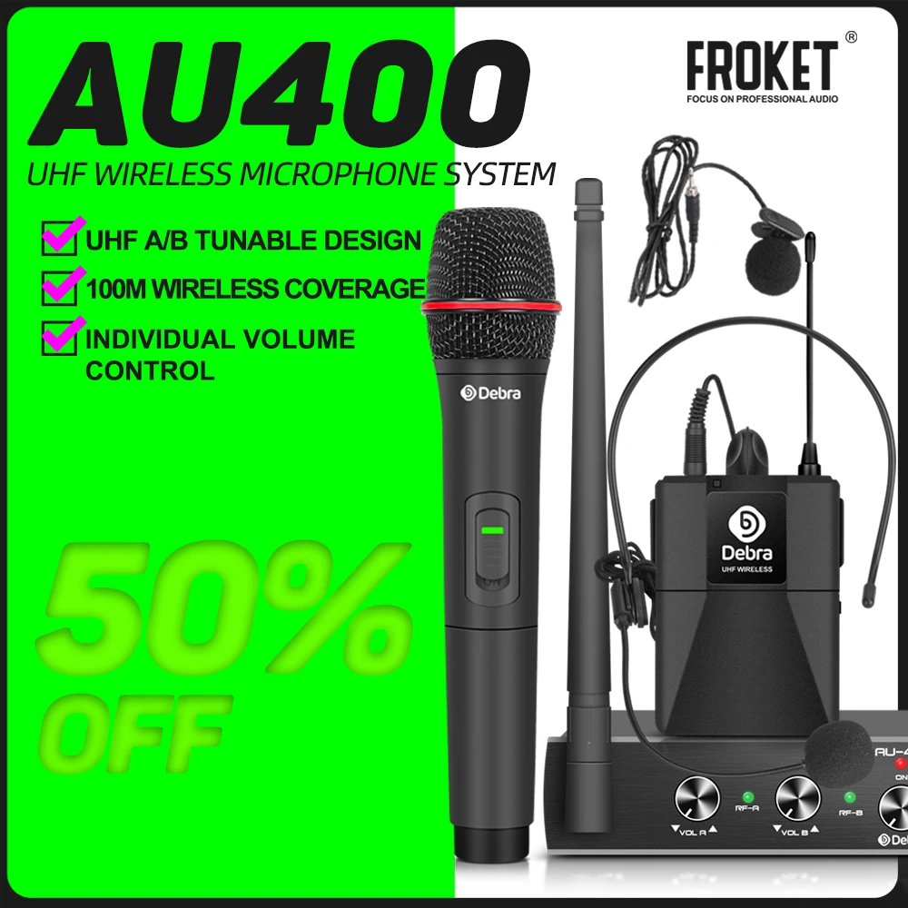 FROKET AU Series Karaoke Wireless Microphone System UHF Performance Stage Professional For Handheld Or Lavalier & Headset