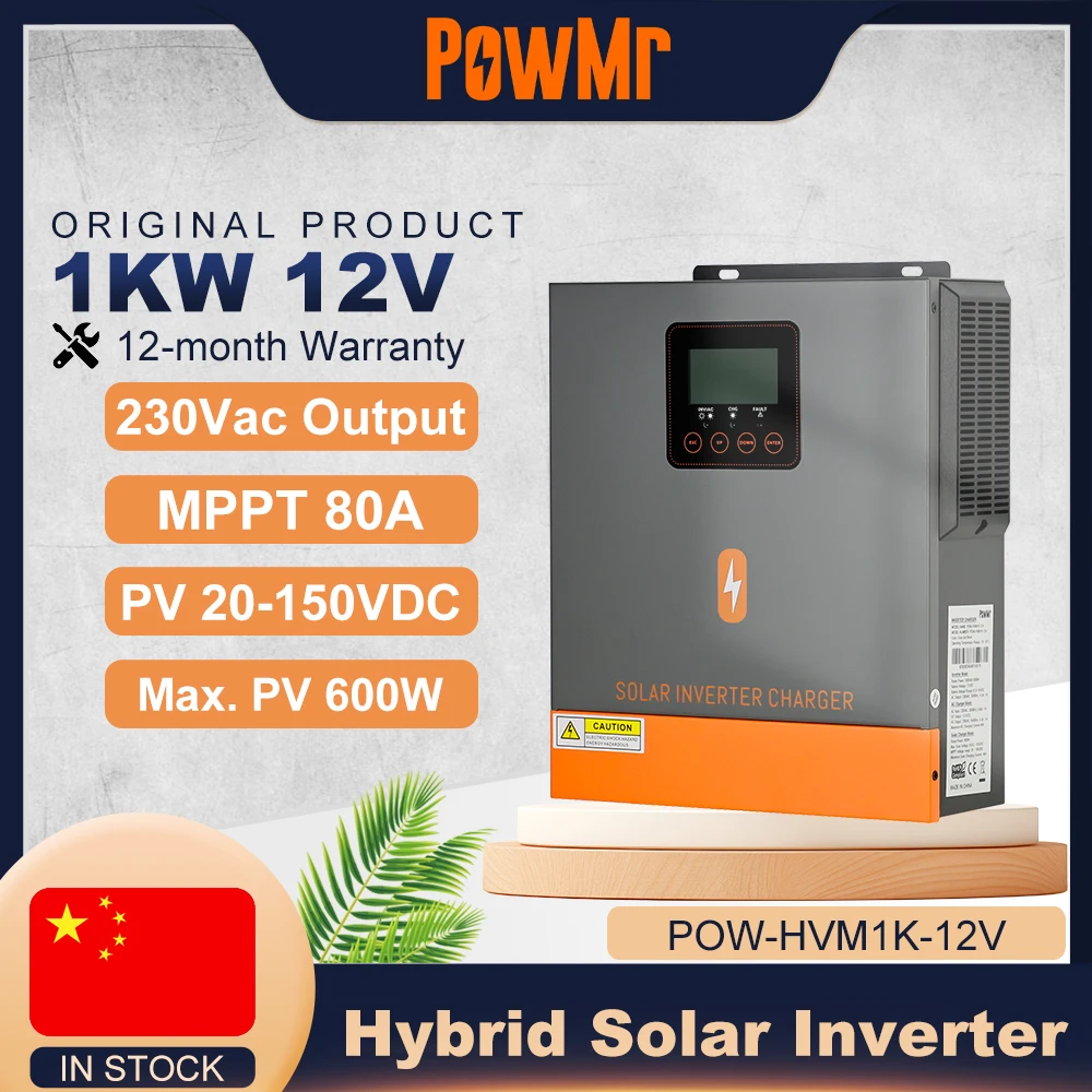 PowMr 1KW 12V to 220Vac Hybrid Solar Inverters Max 150VDC Solar Panel With Pure Sine Wave 80A MPPT Solar Charge Controller