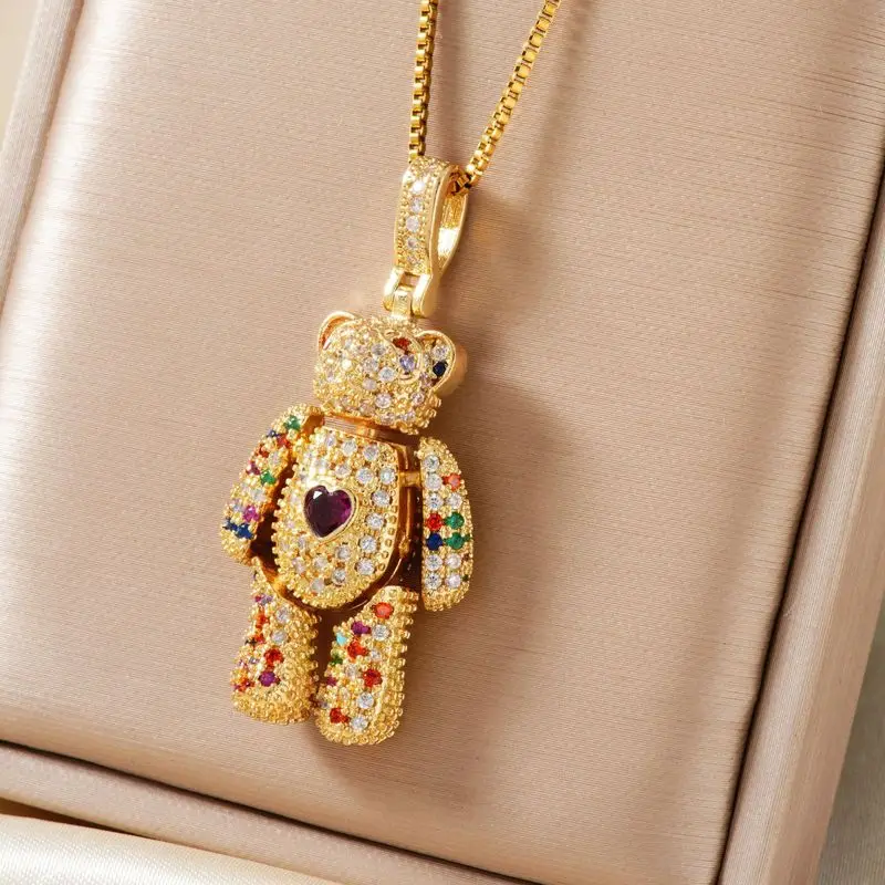 Colorful Copper Inlaid With Cubic Zirconia Heart Shaped Bear Pendant Fully Studded With Diamonds Fashionable Versatile Necklace