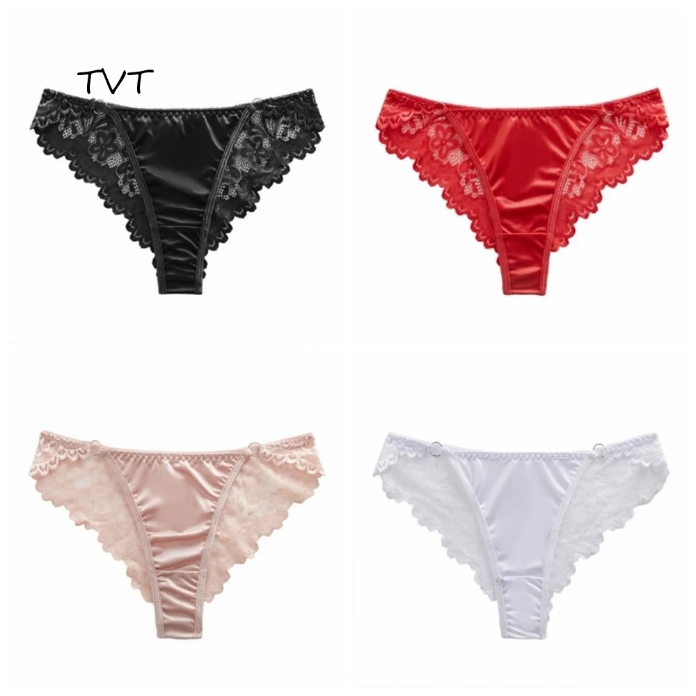 Vintage Mesh Satin Silk Panties Hollow Out Seamless Lace Flower Briefs Women Lingeries Solid Color Women's Underpants Lady