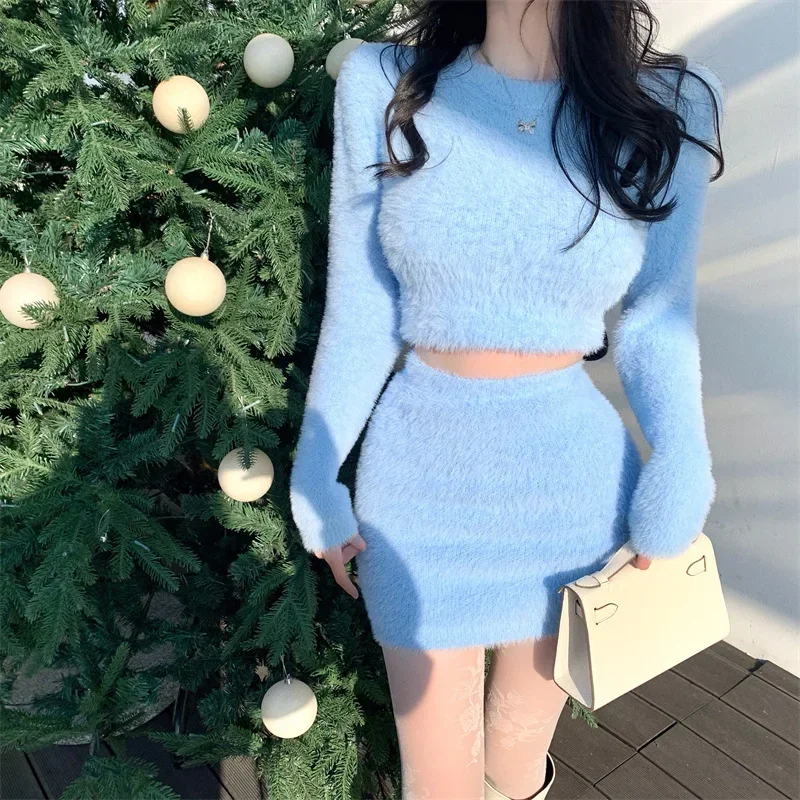 Fall New Fuzzy Pullover Top Sets for Women Sexy Fashion Furry Short Sweater and Mini Skirt Sets Sweet Two Piece Knitted Suits