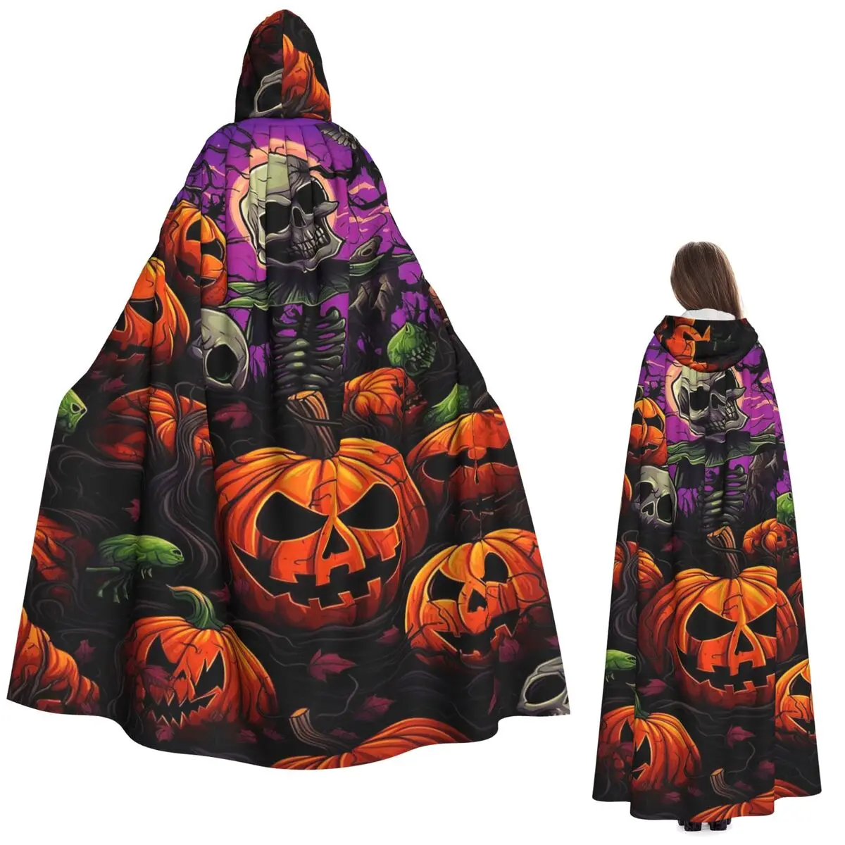 

Halloween Skulls And Crossbones And Pumpkin Long Hooded Cloak Witch Medieval Costume Cosplay Cape HalloweenParty Adult Unisex
