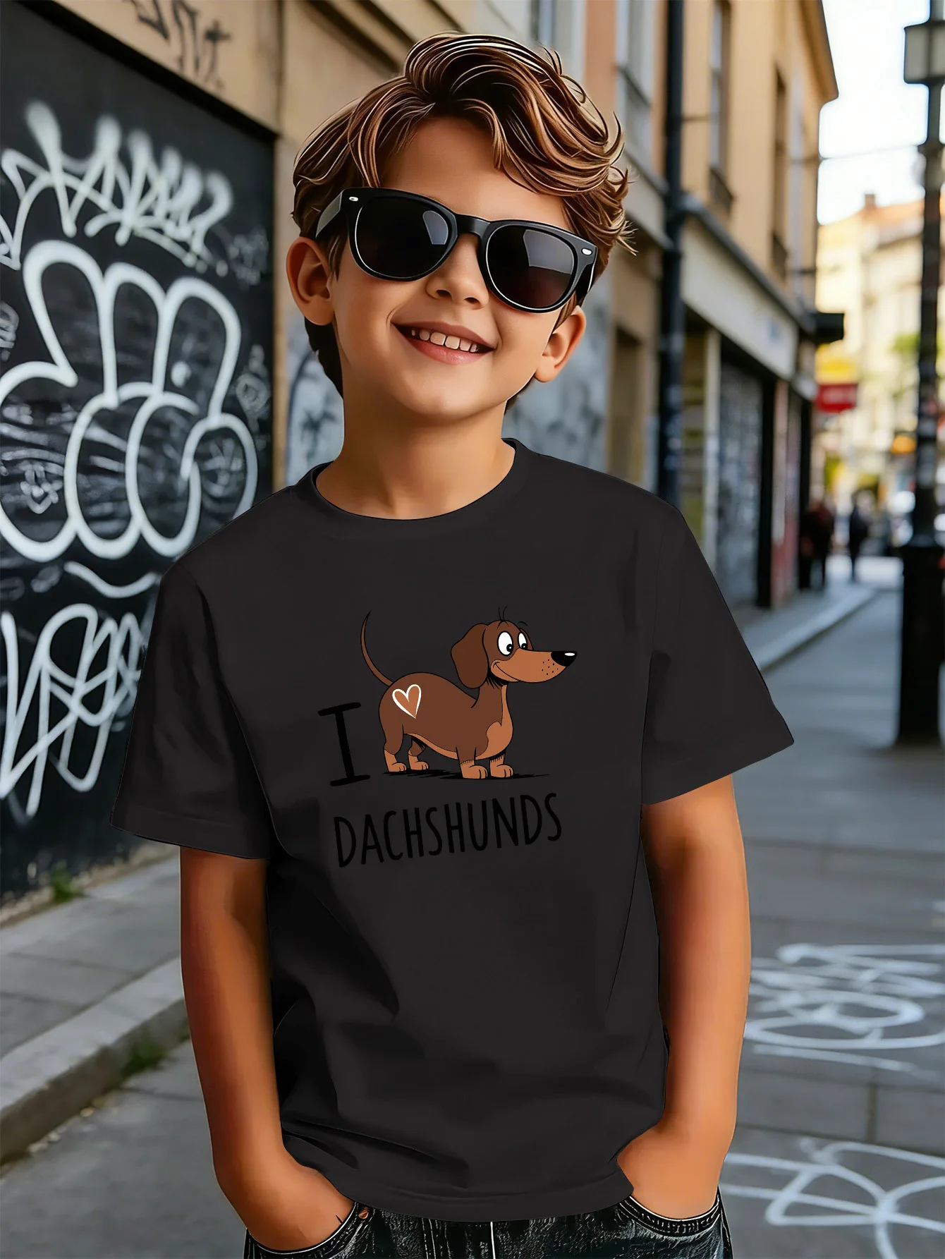 Lovely Dachshund Cartoon Dog Letter Print Boys Girls Family Matching Cotton Short Sleeve Crew Neck Soft Summer Kids Casual Tees