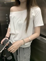 Top with Open Shoulders Women's Summer Top One Shoulder Short Sleeve Tee White Black Off Shoulder Korean Casual Cotton T-shirt