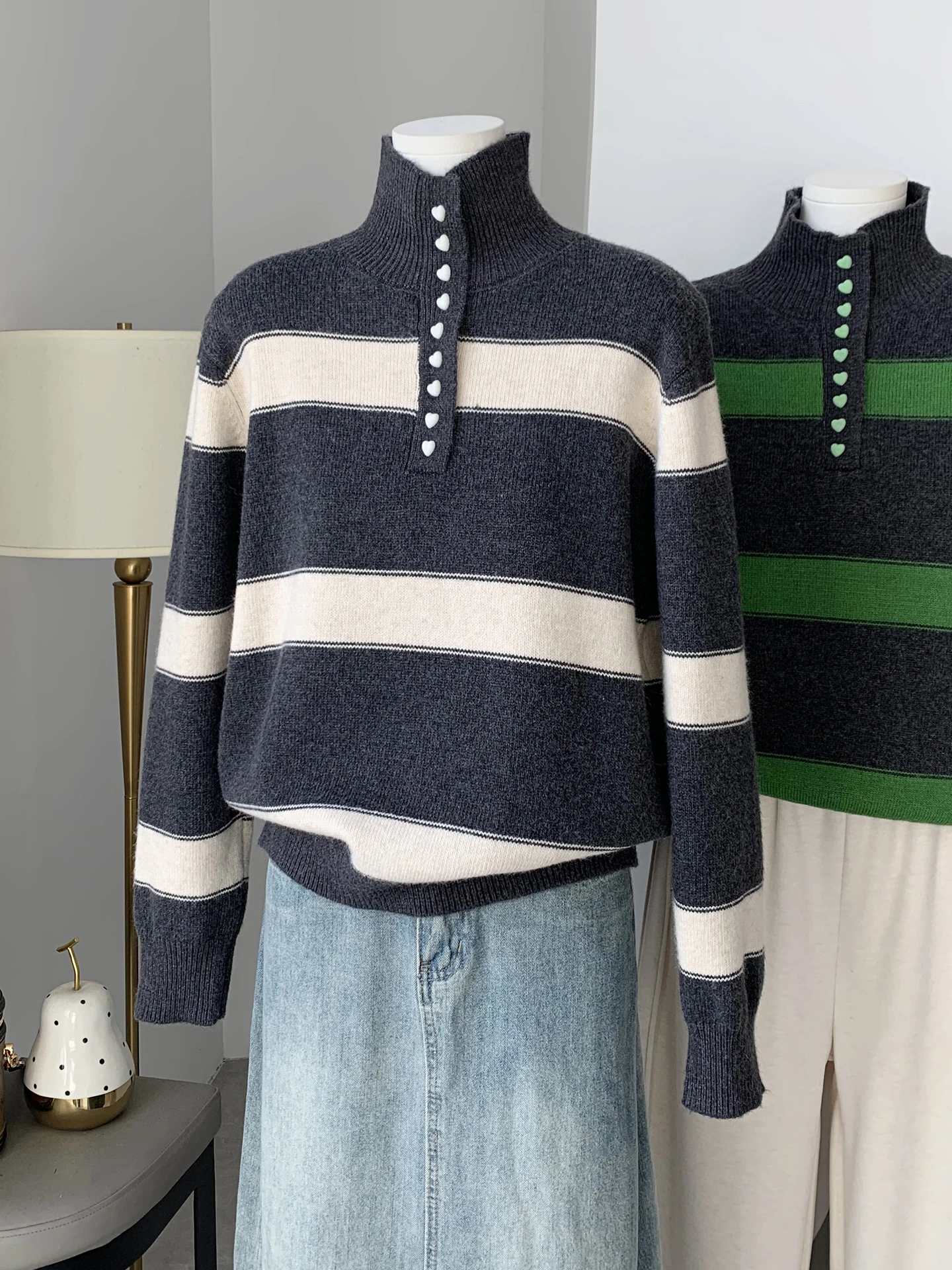 

Korean Sle Wide Stripe Heart Bule Stand Collar Knitted Sweater Women's Autumn Winter Long Sve Loose Slimming Personali...