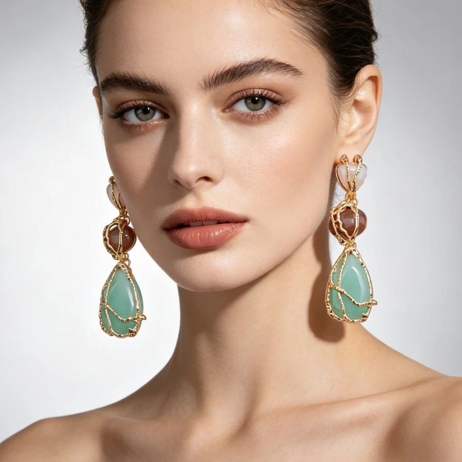 Boho Vintage Green Irregular Texture Resin Stone Drop Earrings Women Fashion Gold Plated Indian Dangle Earrings Jewelry Gift