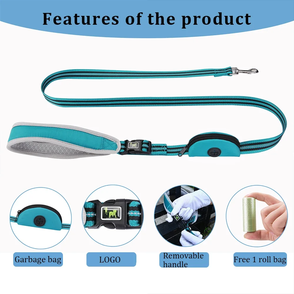 Multifunctional Dog Leash Reflective Nylon Pet Leahs for Dogs Removable Handle Dog Lead with Garbage Bag Dispenser Traction Rope