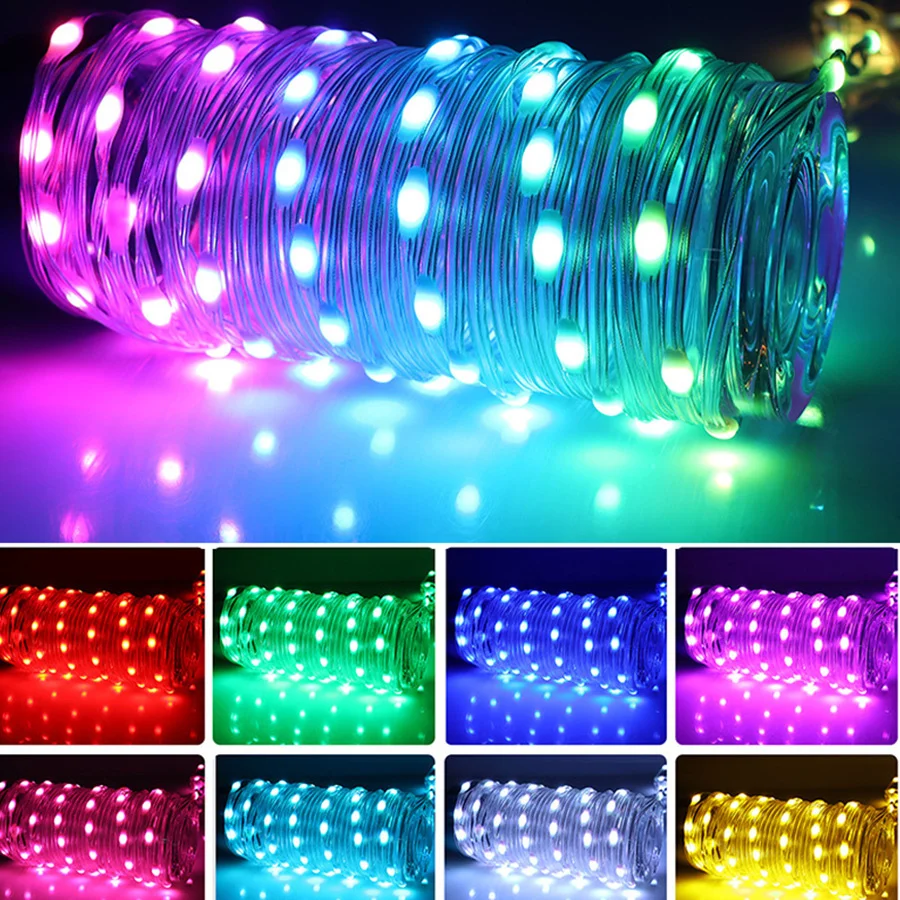 Luz da corda da árvore de Natal Smart App Control Controle USB, RGB Fairy Lights, Guirlanda para festa de jardim, Decoração de casamento, 10m, 20m