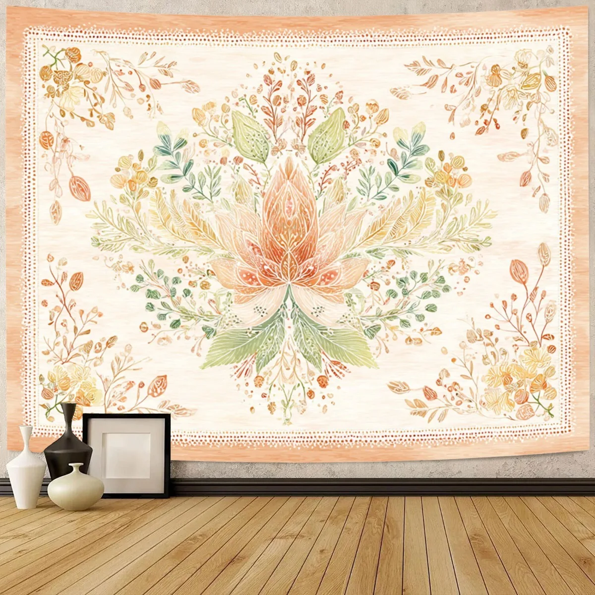 Gran Tapiz Bohemio de Mandala para Pared - Colgante Horizontal hasta el Techo en Tono Pastel Beige, Melocotón, Verde, Dorado, Ma