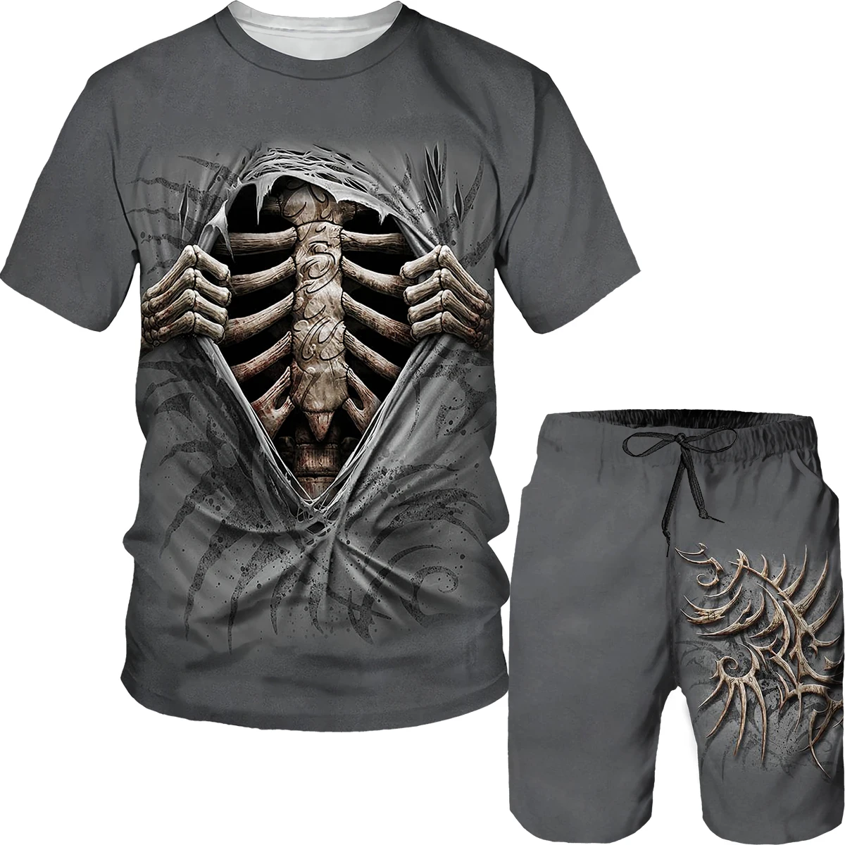 Conjunto de camiseta informal de talla grande para verano, chándal con estampado 3D de calavera de Horror, diseño de hueso, cuello redondo, transpirable, con personalidad