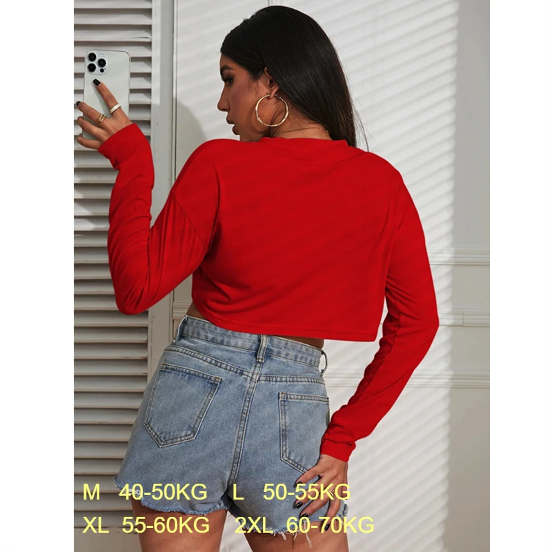 Damen Crop Top T-Shirts Einfarbig Dünn Locker Sitzend Rundhals Drop-Shoulder Ärmel Top T-Shirts Yoga Basis-Tees Party Club Street Outfit – Detail 1
