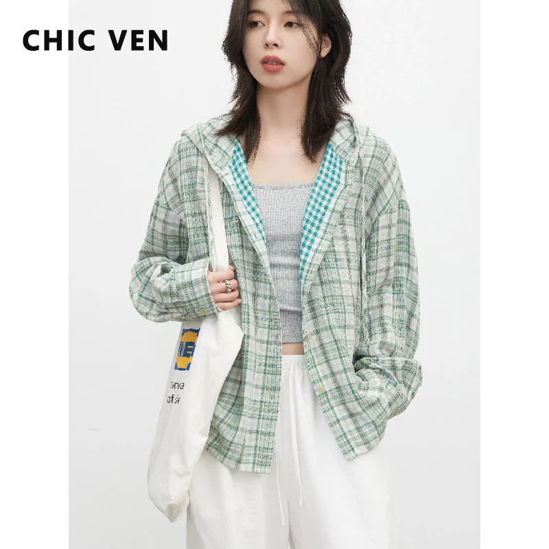 

CHIC VEN Korean Women Shirt Long Sleeve Retro Hooded Loose Casual Ladies Double-layer Color Plaid Blouses Spring Summer 2026
