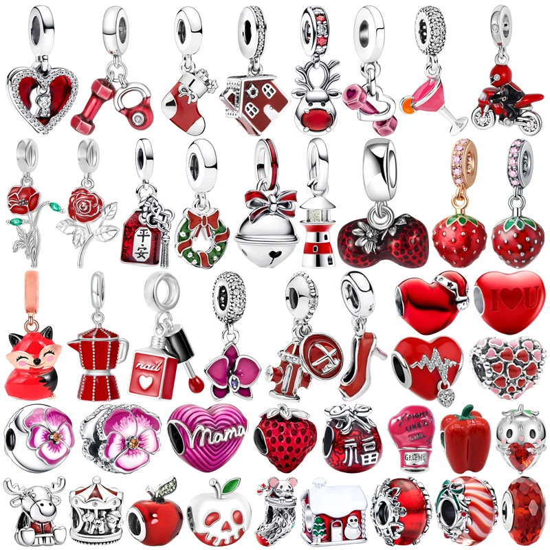 

DIY красная серия, рождественские украшения, подарок, цветок вишни, висячие клубничные очаровательные бусины, подходят для оригинального серебряного европейского браслета, ожерелья