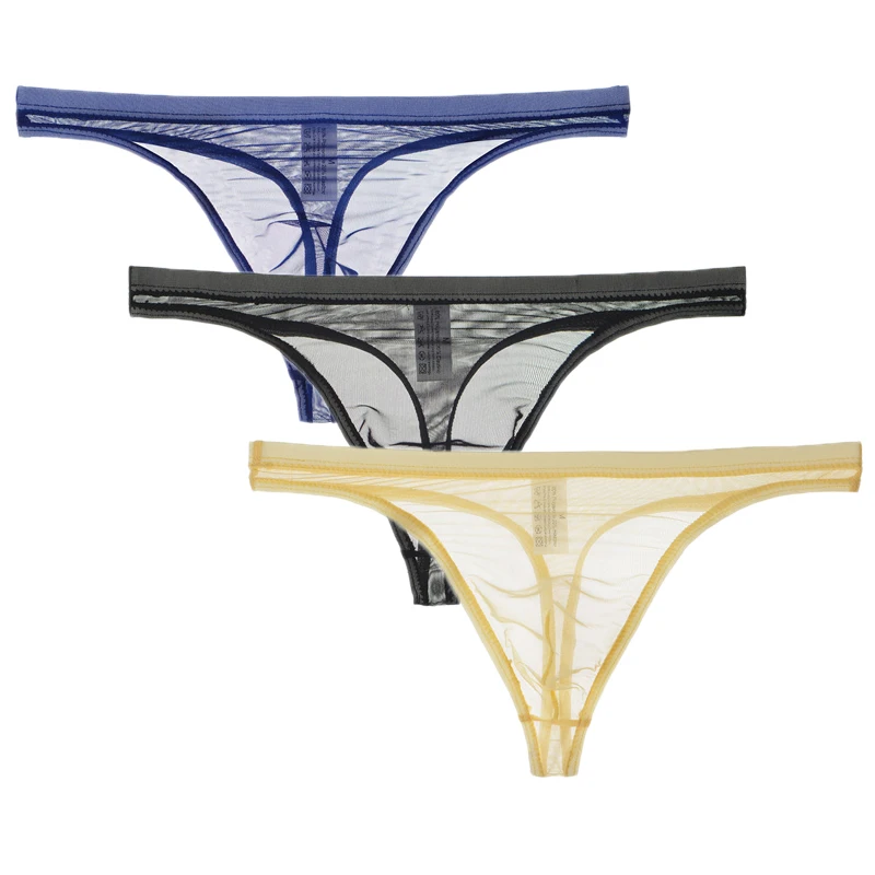 Ropa interior Sexy para hombre, Bikini de gasa de malla transparente, Tanga sólida, bragas ultrafinas con parte trasera en T, 3 uds./lote