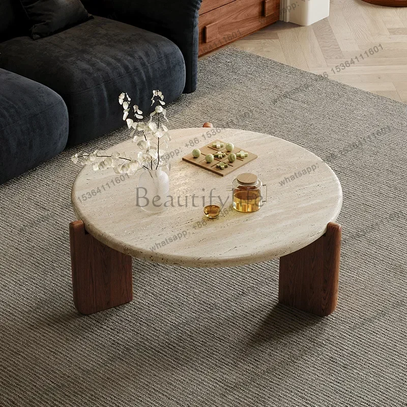 

Round solid wood travertine coffee table, living room, furniture small tea table, coffee table