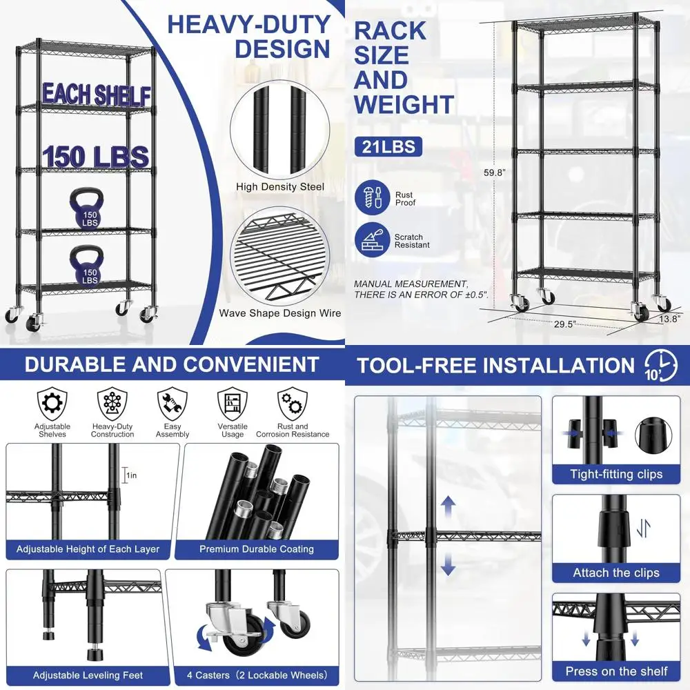 

5-Tier Heavy-Duty Metal Rolling Shelves, 14x30x60, 750 lbs Capacity, Kitchen/Garage Storage with Wheels