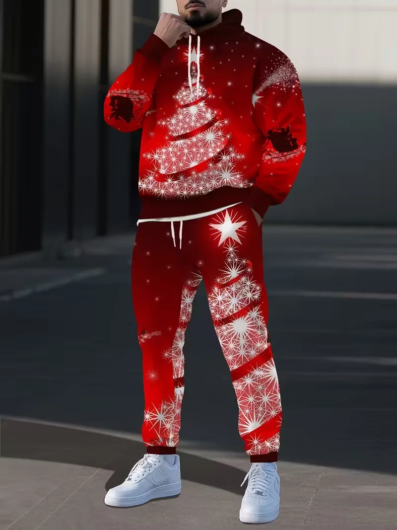 

Рождественский Санта-Клаус, осенне-зимний костюм с капюшоном с 3D принтом, мужские толстовки, спортивные штаны, спортивный костюм из двух предметов, одежда для бега
