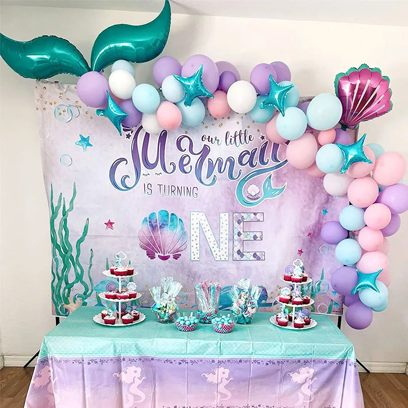 87pcs Mermaid Balloon Garland Arch Kit Purple Blue Balloon With Sea Shell Mermaid Tail Little Mermaid Birthday Party Decoration