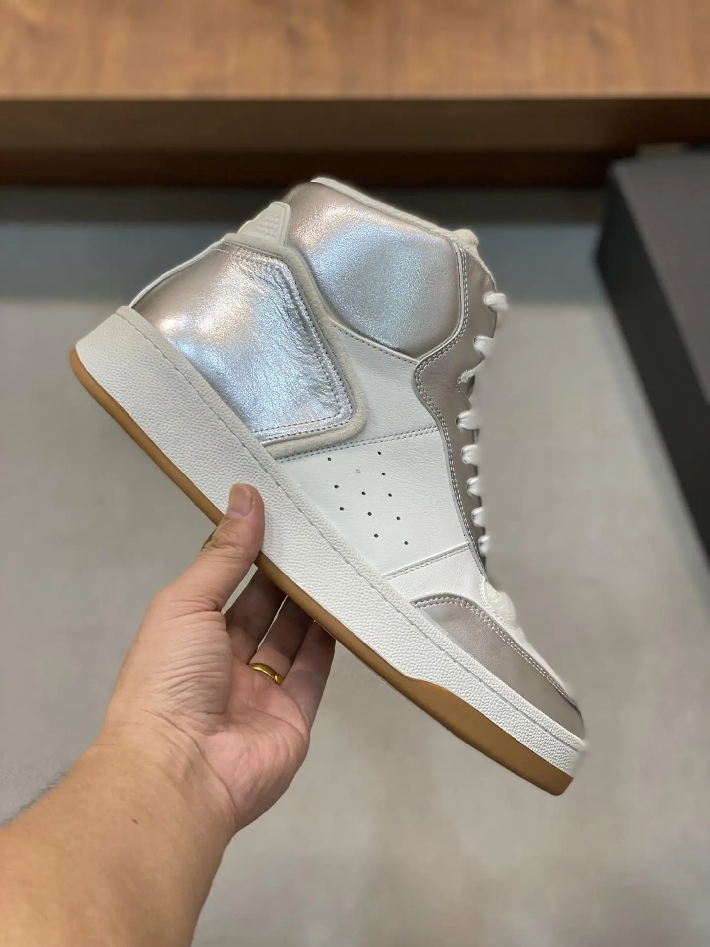 Unisex High Top Skate Sneakers White Perforated Leather & Silver Metallic Patchwork Lace Up Gum Sole Casual Board Shoes