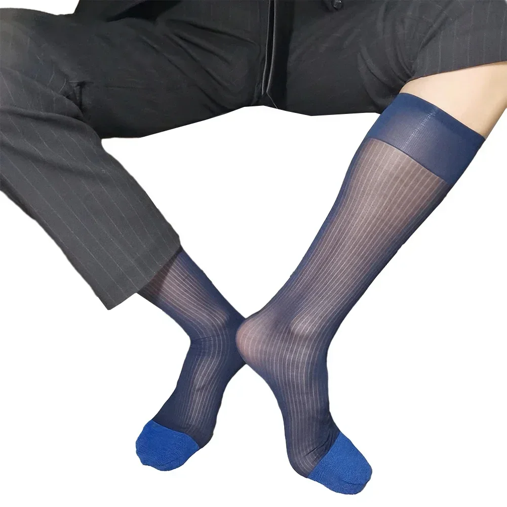 Mens Silky Ultrathin Breathable Nylon See Through Stockings Wide Thin Striped Socks Sexy Black Navy Blue Size 36 46