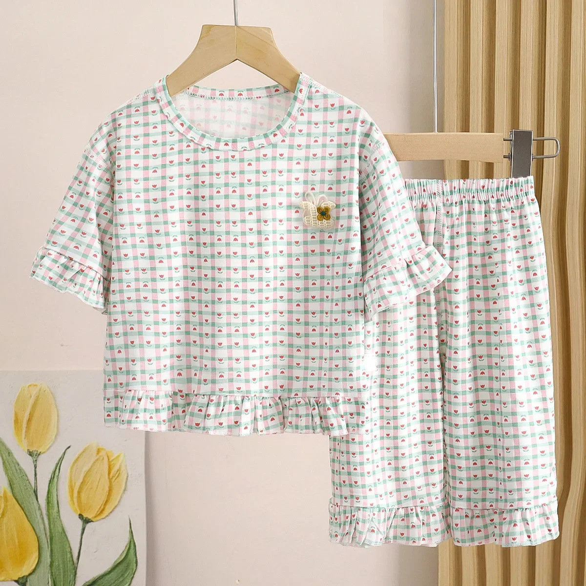 

Girls Summer Thin Breathable Sweet Pajamas Half Sleeve Cartoon Floral Print Clothing Set Sleepwear Children's Casual Homewear