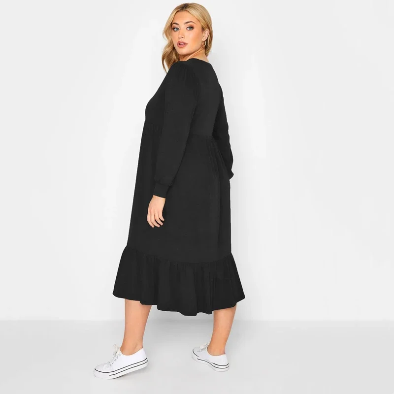 Plus Size Elegant Spring Autumn Smock Dress Long Sleeve Casual Loose Tiered Dress V-neck Large Size Fit Flare Midi Dress 5XL 6XL