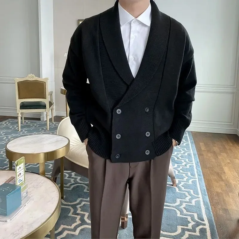 

Мужской свитер с воротником, кардиган, мужской британский ретро-тренд, легкий однотонный вязаный свитер для взрослых, куртка