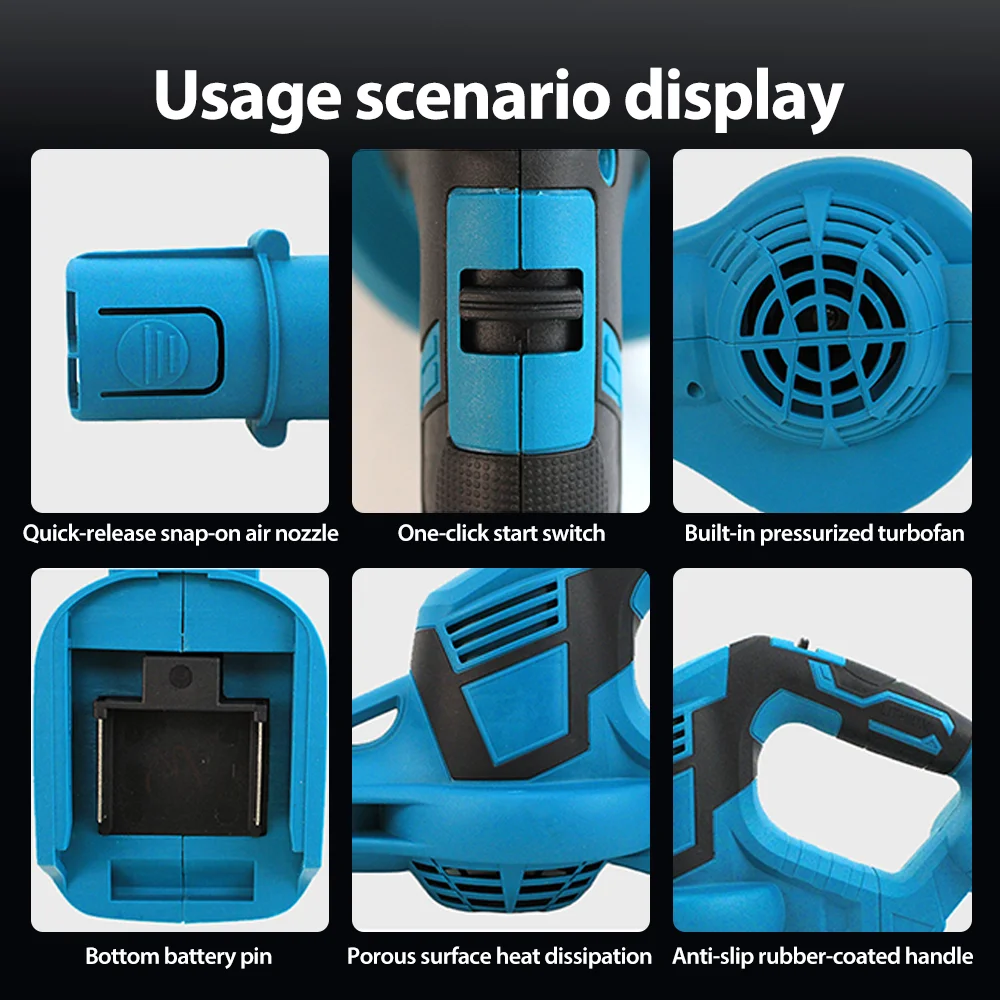 

2000 Вт Аккумуляторная воздуходувка 18000 об/мин Высокоскоростная воздуходувка для листьев Упавшие листья Пыль Снег Инструмент для очистки для аккумуляторного штифта Makita 18-21 В