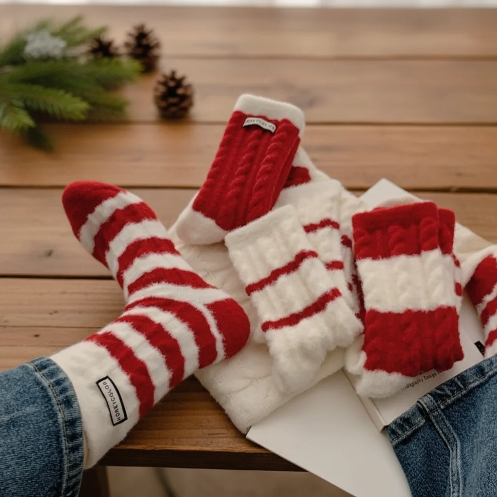 

Новые носки из кораллового флиса, теплые полосатые носки средней длины, утепленные домашние носки для сна, новогодние чулочно-носочные изделия, чулки