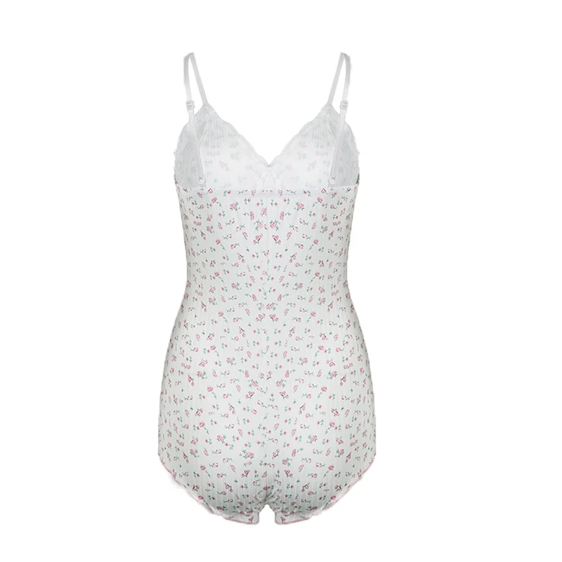 Rockmore y2k doce floral impressão bodysuit cintas de espaguete feminino sexy rendas retalhos malha corpos topos sem mangas macacão magro