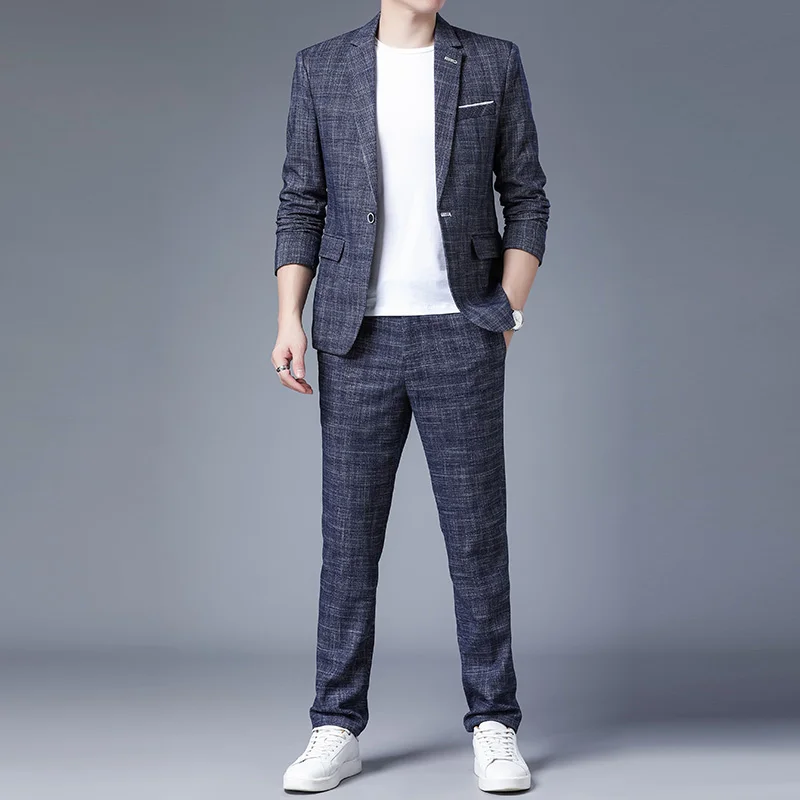 small Men's suit slim spring Korean version trend plaid coat casual joker two-piece suit