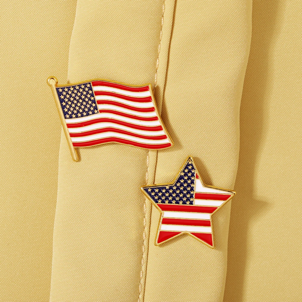 Shiny Gold Rimmed USA Flag Design Enamel Pins Multishape Patriotic Brooches for 4th of July Independence Day American Badge