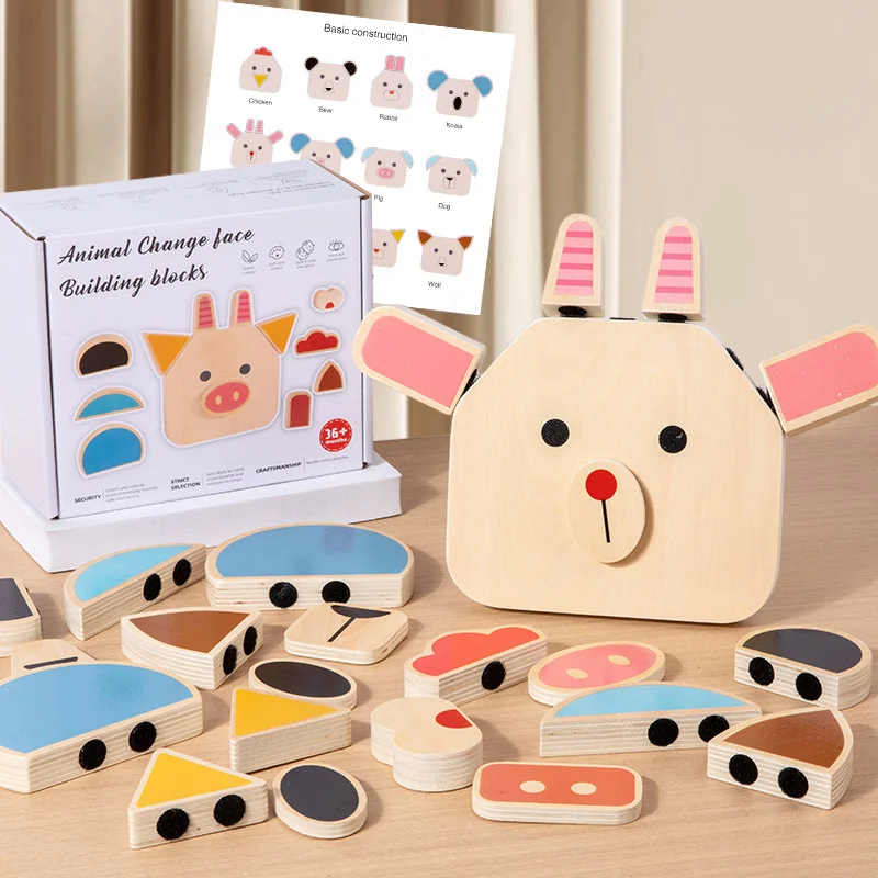Kinder Holz Montessori Pädagogisches Spielzeug Tier Emotion Ändern Gesicht Bausteine Logic Training Puzzle Spiel für Kinder Geschenk