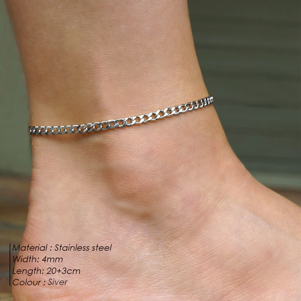 eManco 4MM Stainless Steel Cuban Chain Anklet For Mens Womens Anklet Gold Color Curved Jewelry Holiday Gift Wholesale