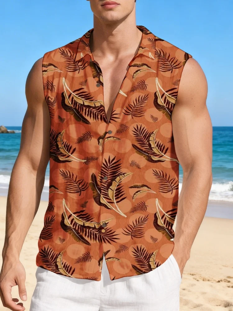 Men Tank Top Casual Tropical Palm Leaf Print Lapel Button‑Down Sleeveless Shirt 2026 Summer Beach Hawaiian Street Vests