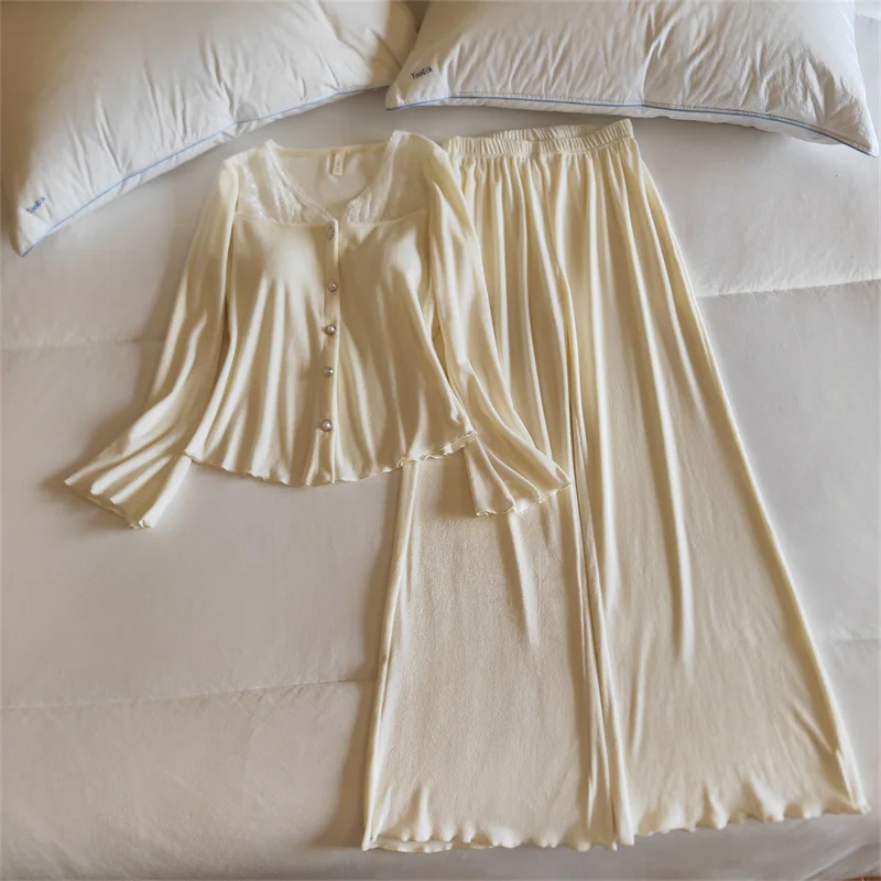 ملابس نوم دافئة لجزيرة الشتاء المخملية المرأة منامة مجموعة الدانتيل وسادة الصدر طويلة الأكمام أعلى بنطلون مجموعات ملابس المنزل سميكة